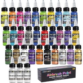 Airbrush Paint - 30 Colors with 3 Thinner, Ready to Spray Airbrush Paint Set, Water-Based Acrylic Air brush Paints for Metal, Plastic Models, Canvas, Wood, 20ml/Bottle