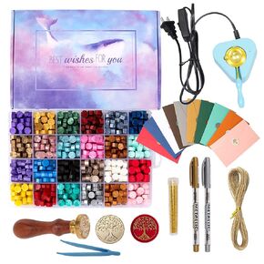 LAECHATAR Wax Seal Kit with Gift Box, 648 Pcs Wax Seal Beads, Wax Seal Stamp, 10 Envelopes, Wax Seal Warmer, Sealing Wax Spoon, Metallic Pens, Wax Seal Stamp kit for Invitations and Gifts