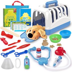 KAEGREEL Pet Care Playset, 16Pcs Pretend Play Kids Doctor Kit with Pet Case for Grooming & Feeding, Educational Gifts for 3+ Kids