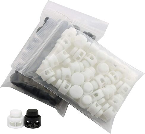 JCBIZ 60pcs Black and White Plastic Spring Cord Locks Round Button Ends Stop Slide Spring Double Hole Cord Fastener Lock for Backpacks, Clothes and Suitcases in Saudi Arabia