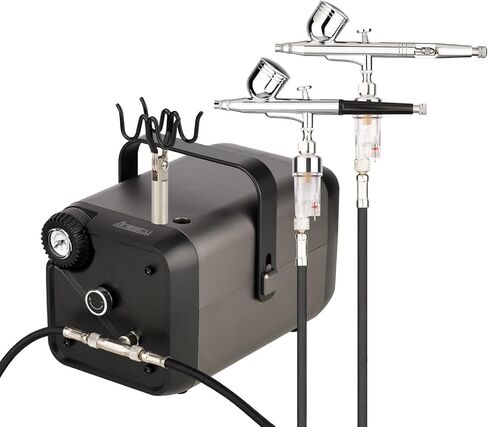 Anesty AHPBox 2 Color Airbrush Compressor, Professional Airbrush Kit with 2 Air Brushes for Quick Color-change & Co-work, High Speed Cooling Fan for Long Running Gray in Kuwait