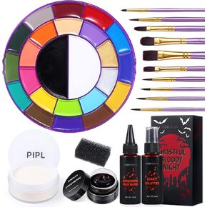 مجموعة مكياج الهالوين من بوبيسوكا - 24 لونًا من زيت طلاء الوجه والجسم + مسحوق تثبيت شفاف + 10 قطع من فرش رسم الفنانين + مجموعة مكياج اف اكس للدم المزيف الكل في واحد للمسرح والحفلات التنكرية in Kuwait