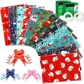 EIMMBD Christmas Wrapping Paper Folded 12 Pack Large Gift Wrapping Paper Tissue With Bows and Tapes, Art Crafts Decorations With Santa Claus, Christmas Tree, Snowmen, Gift Boxes, Reindeer, 29 X 20inch in Kuwait