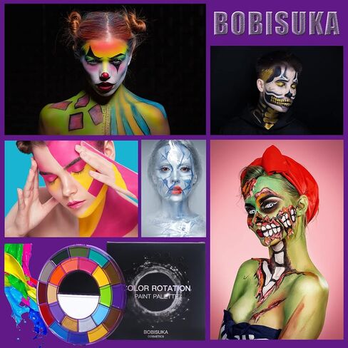 مجموعة مكياج الهالوين من بوبيسوكا - 24 لونًا من زيت طلاء الوجه والجسم + مسحوق تثبيت شفاف + 10 قطع من فرش رسم الفنانين + مجموعة مكياج اف اكس للدم المزيف الكل في واحد للمسرح والحفلات التنكرية in Kuwait