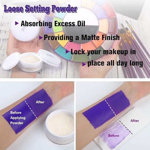 مجموعة مكياج الهالوين من بوبيسوكا - 24 لونًا من زيت طلاء الوجه والجسم + مسحوق تثبيت شفاف + 10 قطع من فرش رسم الفنانين + مجموعة مكياج اف اكس للدم المزيف الكل في واحد للمسرح والحفلات التنكرية in Kuwait