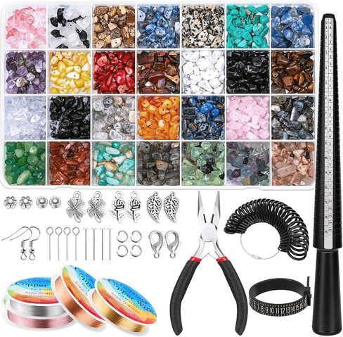 مجموعة صنع الخواتم، طقم صنع المجوهرات 1718 قطعة مع 28 لونًا من خرزات رقاقة الأحجار الكريمة الكريستالية، وأدوات مقاس الخاتم، وأسلاك المجوهرات، وكماشة المجوهرات وغيرها من مستلزمات صنع خواتم المجوهرات in Kuwait