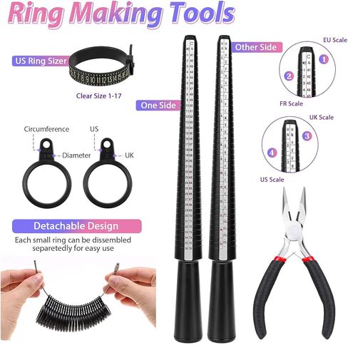 مجموعة صنع الخواتم، طقم صنع المجوهرات 1718 قطعة مع 28 لونًا من خرزات رقاقة الأحجار الكريمة الكريستالية، وأدوات مقاس الخاتم، وأسلاك المجوهرات، وكماشة المجوهرات وغيرها من مستلزمات صنع خواتم المجوهرات in Kuwait