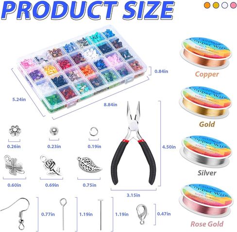 مجموعة صنع الخواتم، طقم صنع المجوهرات 1718 قطعة مع 28 لونًا من خرزات رقاقة الأحجار الكريمة الكريستالية، وأدوات مقاس الخاتم، وأسلاك المجوهرات، وكماشة المجوهرات وغيرها من مستلزمات صنع خواتم المجوهرات in Kuwait