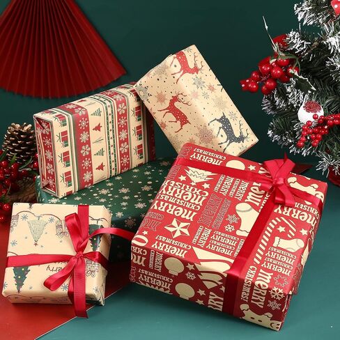 ورق تغليف عيد الميلاد من رانكو، ورق كرافت بني مع صندوق هدايا ندفة الثلج لعيد الميلاد شجرة عيد الميلاد ثلج أجراس الأيائل لتخزين هدايا عيد الميلاد، 5 قطع من ورق تغليف الهدايا عيد ميلاد سعيد لك، 19.7x25.6 in Kuwait