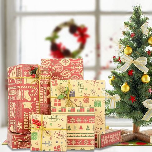 ورق تغليف عيد الميلاد من رانكو، ورق كرافت بني مع صندوق هدايا ندفة الثلج لعيد الميلاد شجرة عيد الميلاد ثلج أجراس الأيائل لتخزين هدايا عيد الميلاد، 5 قطع من ورق تغليف الهدايا عيد ميلاد سعيد لك، 19.7x25.6 in Kuwait