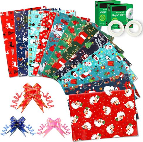 EIMMBD Christmas Wrapping Paper Folded 12 Pack Large Gift Wrapping Paper Tissue With Bows and Tapes, Art Crafts Decorations With Santa Claus, Christmas Tree, Snowmen, Gift Boxes, Reindeer, 29 X 20inch in Kuwait