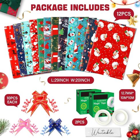 EIMMBD Christmas Wrapping Paper Folded 12 Pack Large Gift Wrapping Paper Tissue With Bows and Tapes, Art Crafts Decorations With Santa Claus, Christmas Tree, Snowmen, Gift Boxes, Reindeer, 29 X 20inch in Kuwait