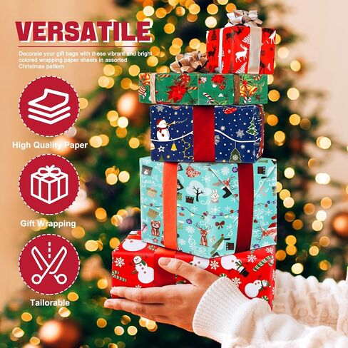 EIMMBD Christmas Wrapping Paper Folded 12 Pack Large Gift Wrapping Paper Tissue With Bows and Tapes, Art Crafts Decorations With Santa Claus, Christmas Tree, Snowmen, Gift Boxes, Reindeer, 29 X 20inch in Kuwait