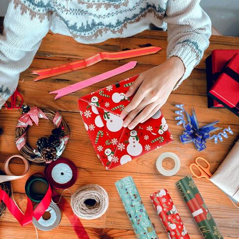 EIMMBD Christmas Wrapping Paper Folded 12 Pack Large Gift Wrapping Paper Tissue With Bows and Tapes, Art Crafts Decorations With Santa Claus, Christmas Tree, Snowmen, Gift Boxes, Reindeer, 29 X 20inch in Kuwait