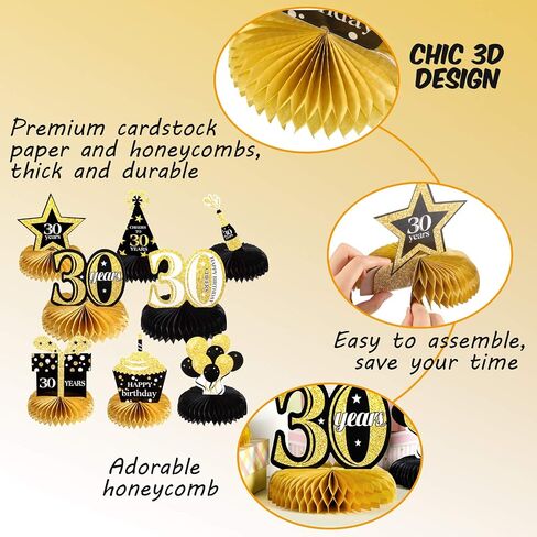 8 قطع من قطع تزيين الطاولة بتصميم Happy 30th Birthday Honeycomb من Outus ديكورات عيد الميلاد الثلاثين من أجل حفلات عيد الميلاد الثلاثين in Kuwait