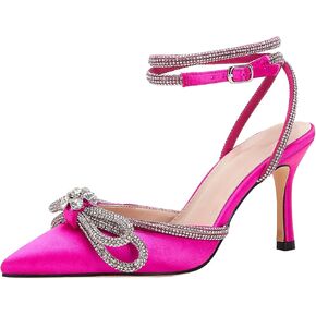 VETASTE Women's Double Bow Pointed Toe Ankle Strap Crystal Pumps Wedding Bridal Party Stilettos Backless Satin Heeled Sandals