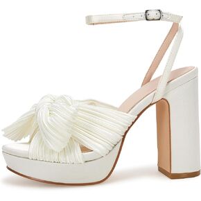 VETASTE Women's Pleated Bow Knot Platform Heeled Sandals Open Toe Chunky Block Heel Ankle Buckle Strap Bridal Wedding Dress Shoes in Saudi Arabia