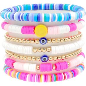 مجموعة أساور Heishi Surfer، سوار Preppy ملون، أساور مطرزة على شكل نجمة قلب، أساور مطرزة بالعين الشريرة، أساور لؤلؤ بوهو Y2K قابلة للتكديس، مجموعة أساور طينية بوليمر خرزة جمالية، أساور صيفية على الشاطئ، مجوهرات للنساء والفتيات