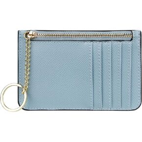 Women's Leather Slim Minimalist Card Holder Case Zipper Changes Coin Front Pocket Wallet With Keychain, Black