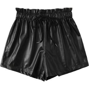 Floerns Women's Elastic Drawstring Paperbag Waist PU Leather Casual Shorts