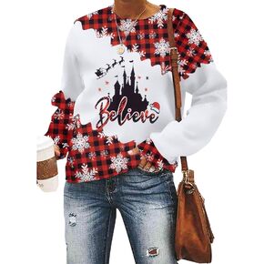 Christmas Believe Shirts for Women Believe Santa Hat Graphic Sweatshirt Christmas Bleached Shirt Holiday Party Casual Tees