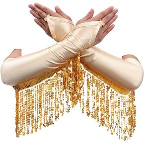 Yikisdy Fashion Sequin Gloves Fringe Satin Fingerless Glove Long Tassel Sparkly Gloves Rave Party Costume for Women and Girls