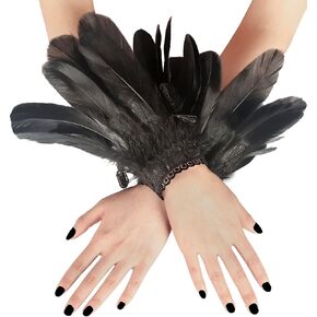 UQJE 2PCS Women's Lace Feather Long Gloves Gothic Mesh Cuff Wedding Halloween Party