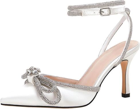VETASTE Women's Double Bow Pointed Toe Ankle Strap Crystal Pumps Wedding Bridal Party Stilettos Backless Satin Heeled Sandals in Saudi Arabia