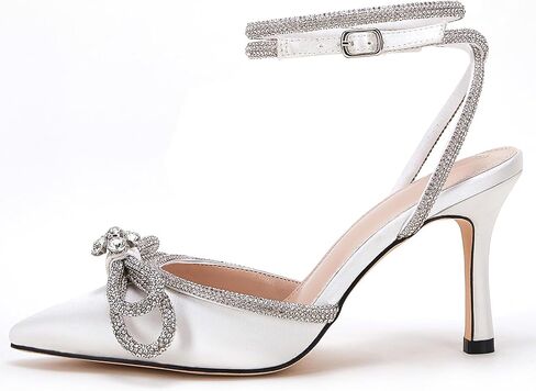VETASTE Women's Double Bow Pointed Toe Ankle Strap Crystal Pumps Wedding Bridal Party Stilettos Backless Satin Heeled Sandals in Saudi Arabia