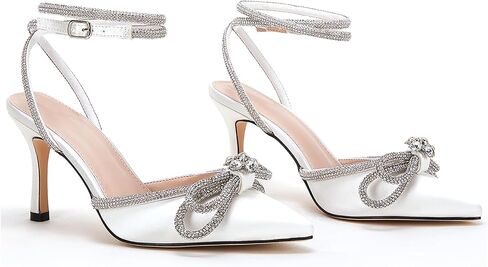 VETASTE Women's Double Bow Pointed Toe Ankle Strap Crystal Pumps Wedding Bridal Party Stilettos Backless Satin Heeled Sandals in Saudi Arabia