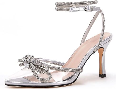 VETASTE Women's Double Bow Pointed Toe Ankle Strap Crystal Pumps Wedding Bridal Party Stilettos Backless Satin Heeled Sandals in Saudi Arabia
