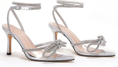 VETASTE Women's Double Bow Pointed Toe Ankle Strap Crystal Pumps Wedding Bridal Party Stilettos Backless Satin Heeled Sandals in Saudi Arabia