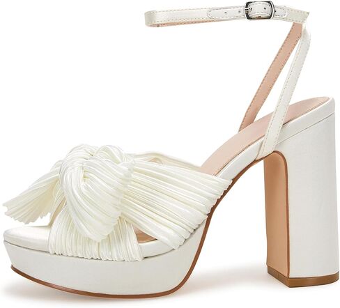 VETASTE Women's Pleated Bow Knot Platform Heeled Sandals Open Toe Chunky Block Heel Ankle Buckle Strap Bridal Wedding Dress Shoes in Saudi Arabia