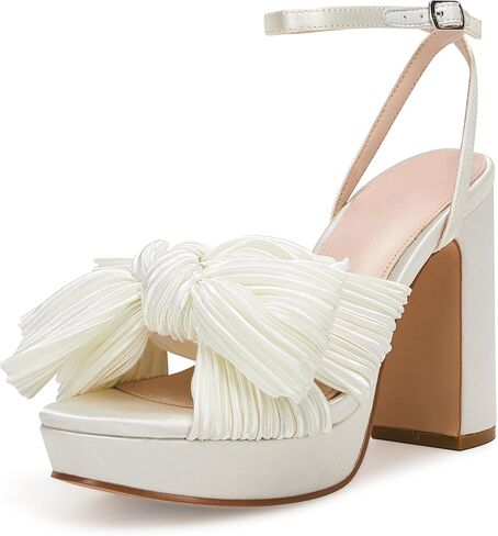 VETASTE Women's Pleated Bow Knot Platform Heeled Sandals Open Toe Chunky Block Heel Ankle Buckle Strap Bridal Wedding Dress Shoes in Saudi Arabia