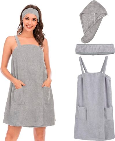 QZUnique Bath Wrap Towel with Straps Women Shower Robes Turban&Headband Bathrobe Dress with Straps Adjustable Closure in Saudi Arabia