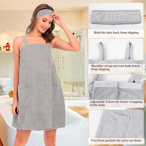 QZUnique Bath Wrap Towel with Straps Women Shower Robes Turban&Headband Bathrobe Dress with Straps Adjustable Closure in Saudi Arabia