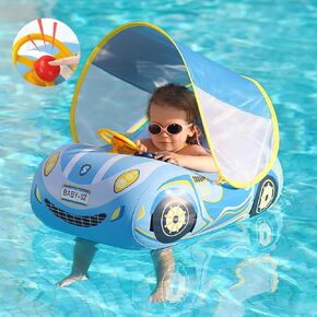 Baby Pool Float,Baby Swim Float,Baby Pool Float with Canopy UPF50+ Sun Protection,Toddler Pool Float Inflatable, Car Shaped Baby Floats for Pool 6-12 12-48 Months with Safety Seat,No Flip Over