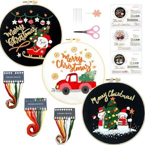 4 Sets Christmas Embroidery Starter Kit with Pattern for Beginners, Embroidery Kits with Christmas Pattern, Cross Stitch Set with 4 Plastic Embroidery Hoops, Color Threads, Tools and Instructions