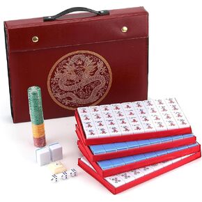 Mose Cafolo Chinese Mahjong Game Set 1.5" X-Large 144 Numbered White Blue Melamine Tiles with Carrying Travel Case,Complete Majong Majiang, Mah Jonng Game Set