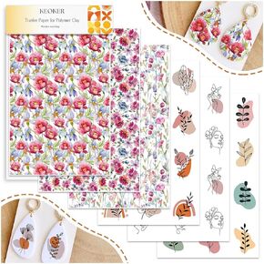 Keoker Flower Transfer Paper for Polymer Clay - 6 Design 12 Pcs Transfer Paper Clay, Floral Polymer Clay Transfer Sheets for Earring Making, Working with Polymer Clay Cutters (Transfer stickers paper)