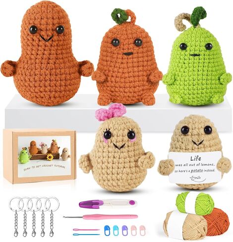 مجموعات تاكيو كروشيه، 5 قطع بطاطس إيجابية، مجموعة كروشيه للمبتدئين، لوازم أدوات الحياكة DIY للأطفال والكبار الذين يتعلمون من خلال دروس فيديو خطوة بخطوة - غزل كافٍ للكروشيه 5-7 مجموعات بطاطس in Kuwait