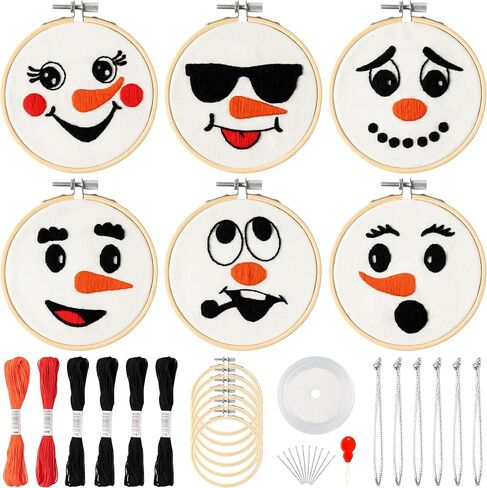 K1tpde 6 Set Winter Embroidery Kit for Beginners Blue Snowflakes DIY Needlepoint Kit with Pattern Instruction Embroidery Hoop Threads Needles Needle Threader Ropes and Ribbon Christmas Tree Decoration in Kuwait