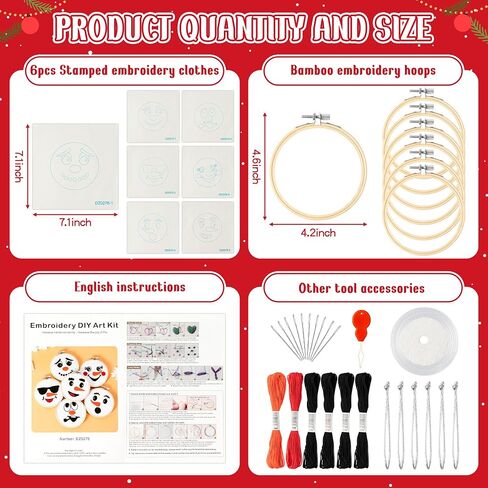 K1tpde 6 Set Winter Embroidery Kit for Beginners Blue Snowflakes DIY Needlepoint Kit with Pattern Instruction Embroidery Hoop Threads Needles Needle Threader Ropes and Ribbon Christmas Tree Decoration in Kuwait