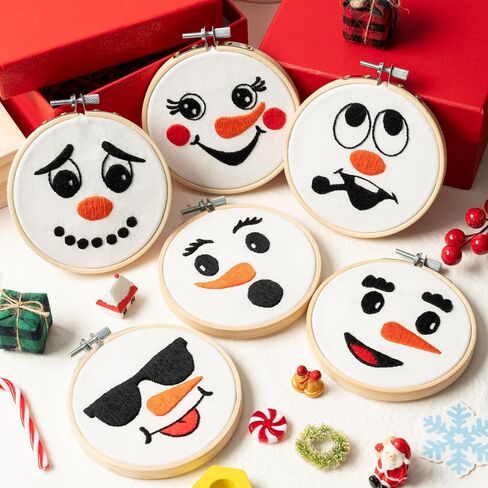 K1tpde 6 Set Winter Embroidery Kit for Beginners Blue Snowflakes DIY Needlepoint Kit with Pattern Instruction Embroidery Hoop Threads Needles Needle Threader Ropes and Ribbon Christmas Tree Decoration in Kuwait