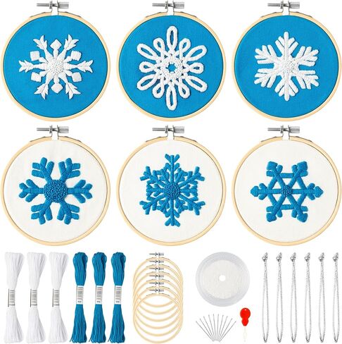K1tpde 6 مجموعة طقم التطريز الشتوي للمبتدئين، رقاقات الثلج البيضاء، مجموعة إبرة DIY مع تعليمات نمط التطريز، خيوط طوقية، إبر، حبل خيط وشريط لتزيين شجرة عيد الميلاد in Kuwait