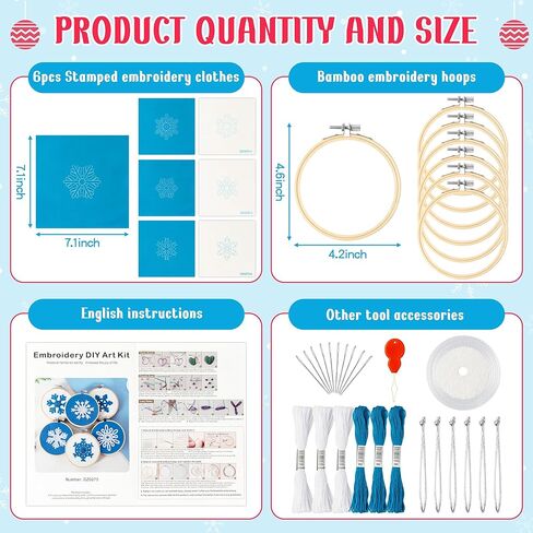 K1tpde 6 مجموعة طقم التطريز الشتوي للمبتدئين، رقاقات الثلج البيضاء، مجموعة إبرة DIY مع تعليمات نمط التطريز، خيوط طوقية، إبر، حبل خيط وشريط لتزيين شجرة عيد الميلاد in Kuwait