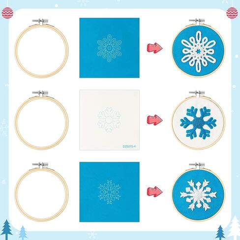 K1tpde 6 مجموعة طقم التطريز الشتوي للمبتدئين، رقاقات الثلج البيضاء، مجموعة إبرة DIY مع تعليمات نمط التطريز، خيوط طوقية، إبر، حبل خيط وشريط لتزيين شجرة عيد الميلاد in Kuwait