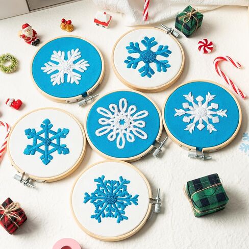 K1tpde 6 مجموعة طقم التطريز الشتوي للمبتدئين، رقاقات الثلج البيضاء، مجموعة إبرة DIY مع تعليمات نمط التطريز، خيوط طوقية، إبر، حبل خيط وشريط لتزيين شجرة عيد الميلاد in Kuwait