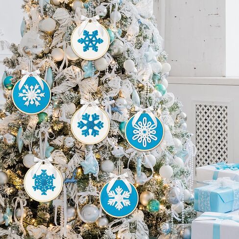 K1tpde 6 مجموعة طقم التطريز الشتوي للمبتدئين، رقاقات الثلج البيضاء، مجموعة إبرة DIY مع تعليمات نمط التطريز، خيوط طوقية، إبر، حبل خيط وشريط لتزيين شجرة عيد الميلاد in Kuwait