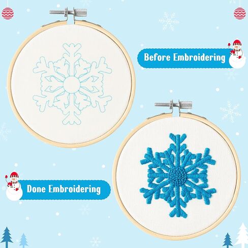 K1tpde 6 مجموعة طقم التطريز الشتوي للمبتدئين، رقاقات الثلج البيضاء، مجموعة إبرة DIY مع تعليمات نمط التطريز، خيوط طوقية، إبر، حبل خيط وشريط لتزيين شجرة عيد الميلاد in Kuwait
